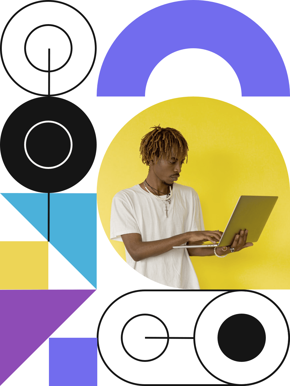 A picture of a person working with a laptop and some shapes